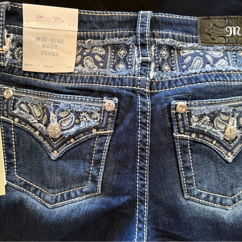 Miss Me Blue Bootcut Jeans with Intricate Embroidery